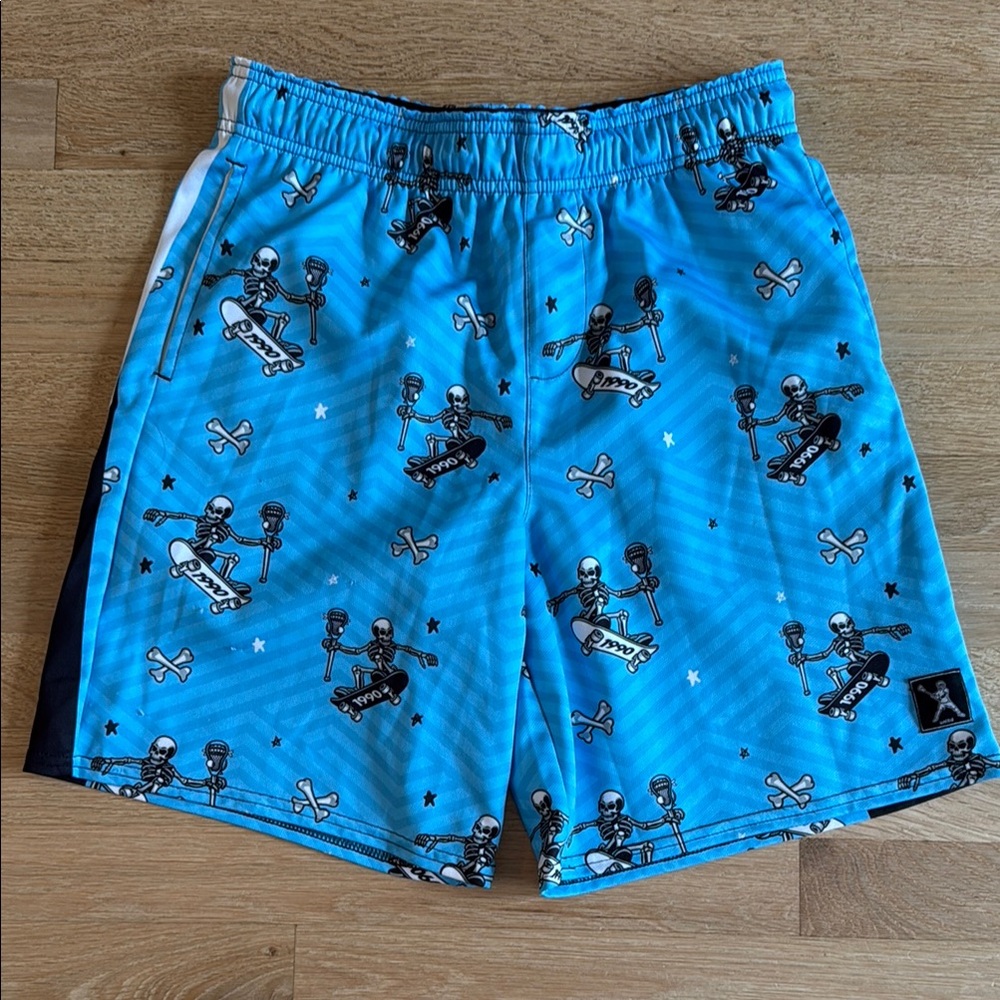 EUC Lacrosse Unlimited lacrosse shorts Blue Skull Print boys xl